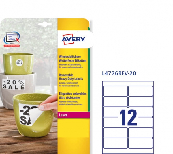 Etichette adesive rimovibili in poliestere bianco Avery L4776REV-20