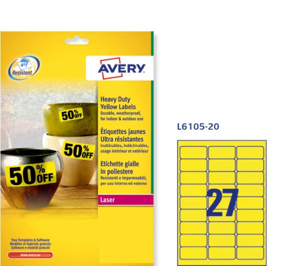 Etichette adesive in poliestere giallo Avery L6105-20 vendita online