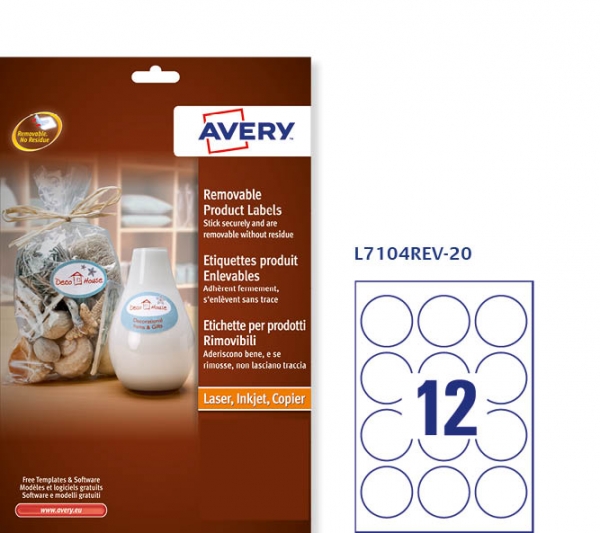 Etichette adesive rotonde rimovibili in carta bianca Avery L7104REV-20 vendita online